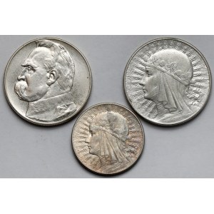 Piłsudski i Głowa Kobiety, 5 i 10 złotych 1932-1936 - zestaw (3szt)