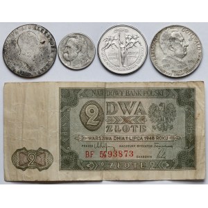 2 i 5 złotych + 100 korun 1817-1995 i banknot - zestaw (5szt)