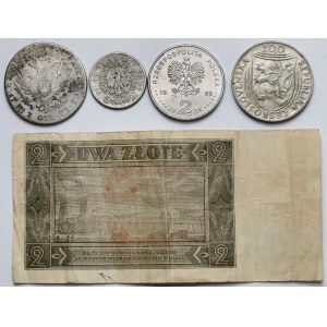 2 i 5 złotych + 100 korun 1817-1995 i banknot - zestaw (5szt)