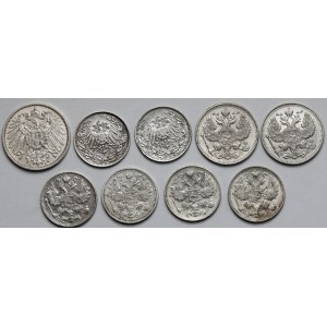 Rosja i Niemcy, 1/2 - 1 marki i 15-20 kopiejek 1908-1919 - zestaw (9szt)