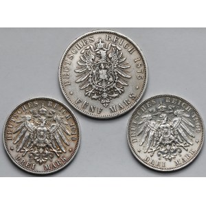 Bawaria, Saksonia i Wirtembergia, 3-5 marek 1875-1910 - zestaw (3szt)