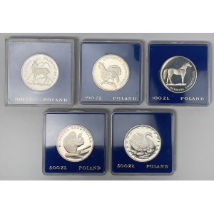 SREBRO 100 i 500 złotych 1979-1985 - zwierzęta (5szt)