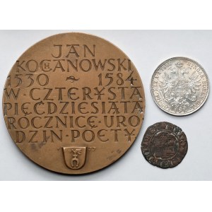 Medal Jan Kochanowski + monety zagraniczne - zestaw (3szt)