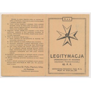 Legitymacja, 62 Pułk Piechoty - dla kpr. Antoniego Lewandowskiego