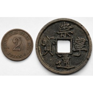 Niemcy i Azja, 2 fenigi 1874-A, Berlin i moneta cashowa - zestaw (2szt)