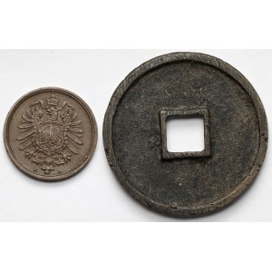Niemcy i Azja, 2 fenigi 1874-A, Berlin i moneta cashowa - zestaw (2szt)