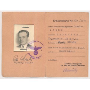 Okupacja, Warszawa, Erlaubniskarte 1943 - dla Czesława Szynk