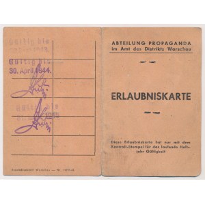 Okupacja, Warszawa, Erlaubniskarte 1943 - dla Czesława Szynk