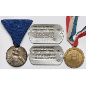 Serbia, Medal za odwagę i Medal pamiątkowy 30. rocznicy powstania straży pożarnej w Sisaku 1911 + znaki tożsamości - zestaw (4szt)