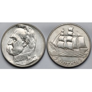 5 złotych 1934-1936, Strzelecki i Żaglowiec - zestaw (2szt)