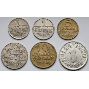 Gdańsk, 5-10 fenigów i 1 gulden 1923-1932 - zestaw (6szt)