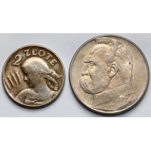 2 i 10 złotych 1925-1936, Kobieta i kłosy i Piłsudski - zestaw (2szt)