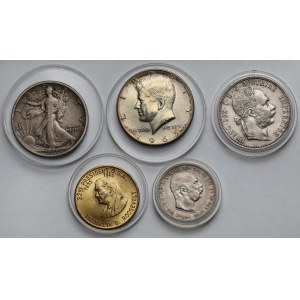 Austria i USA, Korona, Floren, 1/2 dolara i żeton 1885-1965 - zestaw (5szt)