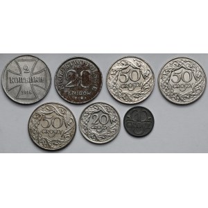 2 kopiejki 1916, 20 fenigów 1918 i 1-50 groszy 1923-1939 - zestaw (7szt)