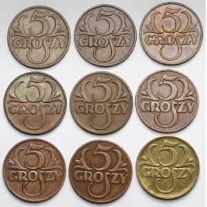 5 groszy 1923-1939 - zestaw (9szt)