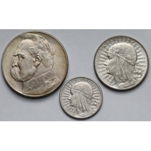 2-10 złotych 1933-1937 Piłsudski i Głowa Kobiety - zestaw (3szt)