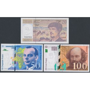 Francja, 20, 50 i 100 Francs 1992-1997 (3szt)