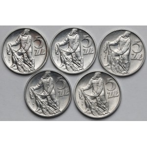 5 złotych 1959-1974 Rybak - w tym rzadki 1971 - zestaw (5szt)