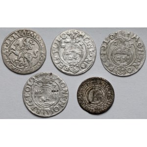 Zygmunt II August, Zygmunt III Waza i Gustaw II Adolf, Półgrosz, Półtoraki i Szeląg - zestaw (5szt)