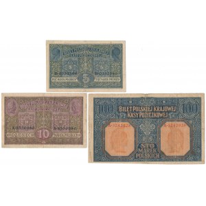 Zestaw 5, 10 i 100 mkp 1916 Generał (3szt)