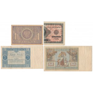 Zestaw 1 mkp 05.1919 + 1 gr - 20 zł 1924-1931 (4szt)