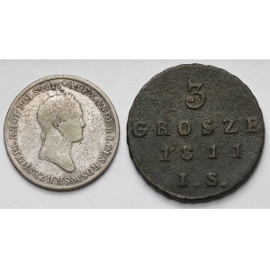 Księstwo Warszawskie, 3 grosze 1811 IS i 1 złoty polski 1832 KG - zestaw (2szt)