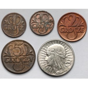 Głowa Kobiety 2 złote 1934 i 1-5 groszy 1935-1939 - zestaw (5szt)