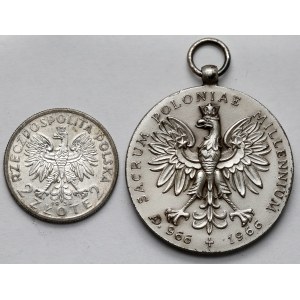 2 złote 1934 Głowa Kobiety i Medal 1966 Sacrum Poloniae Millennium - zestaw (2szt)