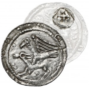 Władysław II Wygnaniec, Denar - Orzeł i Zając - EN FACE (w hełmach)