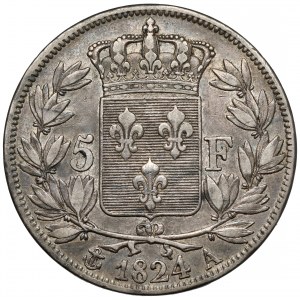 Francja, Ludwik XVIII, 5 franków 1824-A, Paryż