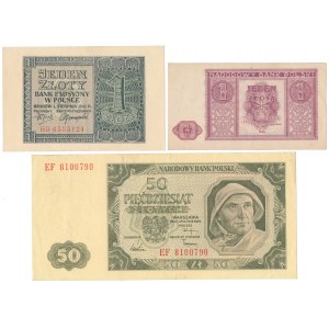 1 zł 1941, 1 zł 1946 i 50 zł 1948 - zestaw (3szt)