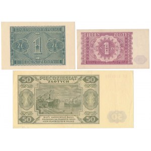 1 zł 1941, 1 zł 1946 i 50 zł 1948 - zestaw (3szt)