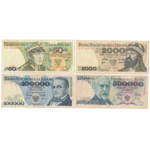 Zestaw 50 - 500.000 zł 1977-1990, w tym falsyfikat z epoki (4szt)