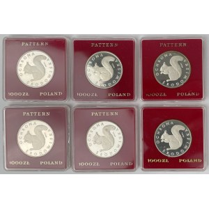 Próba Ag 1.000 złotych 1985 Wiewiórka - zestaw (6szt)