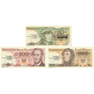 Zestaw 50, 100 i 500 zł 1982-1988 - z nadrukami okolicznościowymi PTN (3szt)