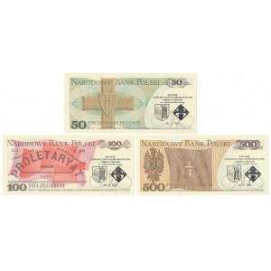 Zestaw 50, 100 i 500 zł 1982-1988 - z nadrukami okolicznościowymi PTN (3szt)