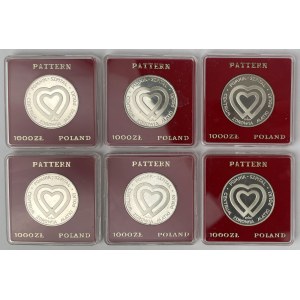Próba Ag 1.000 złotych 1986 Pomnik - Szpital - zestaw (6szt)