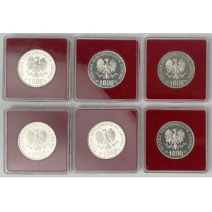 Próba Ag 1.000 złotych 1986 Pomnik - Szpital - zestaw (6szt)