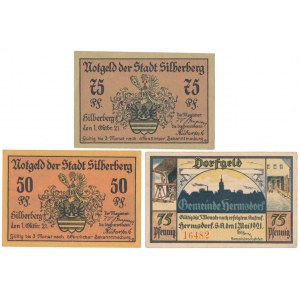 Sobięcin 75 pfg 1921 i Srebrna Góra 50 i 75 pfg 1921 - zestaw (3szt)