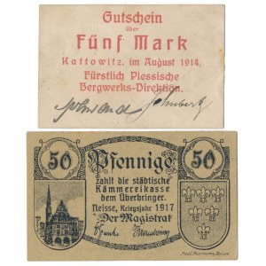 Kattowitz (Katowice) 5 mk 1914 i Neisse (Nysa) 50 pfg 1917 - zestaw (2szt)