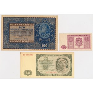 Zestaw 100 mkp 1919 Sierpień, 1 zł 1946 i 50 zł 1948 (3szt)