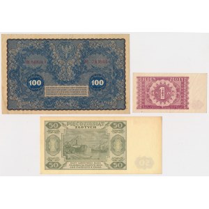 Zestaw 100 mkp 1919 Sierpień, 1 zł 1946 i 50 zł 1948 (3szt)