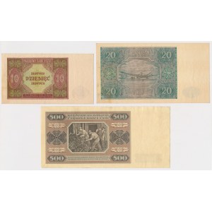 10, 20 zł 1946 i 500 zł 1948 - zestaw (3szt)