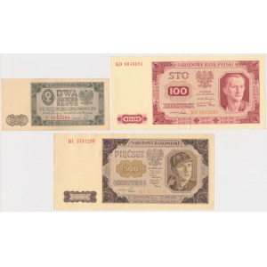 2, 100 i 500 złotych 1948 - rzadsze serie i odmiany - piękne stany (3szt)