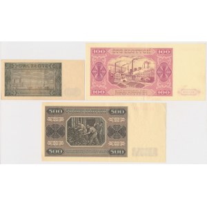2, 100 i 500 złotych 1948 - rzadsze serie i odmiany - piękne stany (3szt)