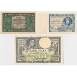 5 mkp 08.1919, 500 zł 1919 i 5 zł 1930 - zestaw (3szt)