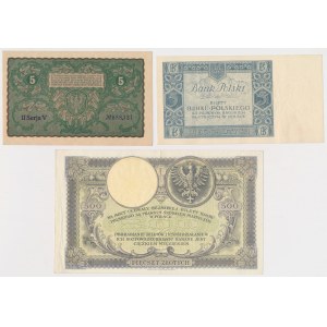 5 mkp 08.1919, 500 zł 1919 i 5 zł 1930 - zestaw (3szt)