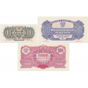 Zestaw REPRINTY emisji 1944 - bez nadruków - 1, 50 i 100 złoty (3szt)