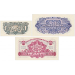 Zestaw REPRINTY emisji 1944 - bez nadruków - 1, 50 i 100 złoty (3szt)