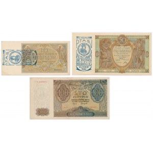 Zestaw 10, 500 i 100 zł 1929-1941 - z nadrukami (3szt)